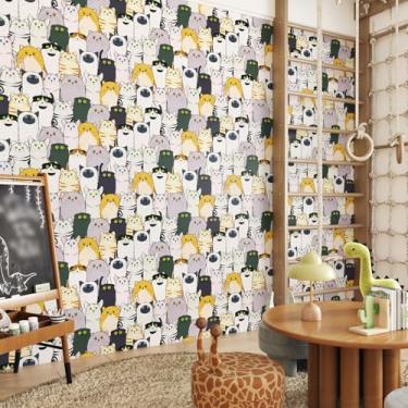 Imagem de EPPKILY Papel de parede de gato descasque e cole papel de parede animal de desenho animado divertido gatinho autoadesivo removível papel de contato multicolorido adesivos de parede de gato para