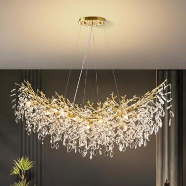 Imagem de KJLARS Lustre de gota de chuva de cristal dourado de 139,7 cm 16 luzes K9 luminária pendente de cristal contemporâneo lustre de ramo de árvore para sala de jantar, sala de estar cozinha ilha