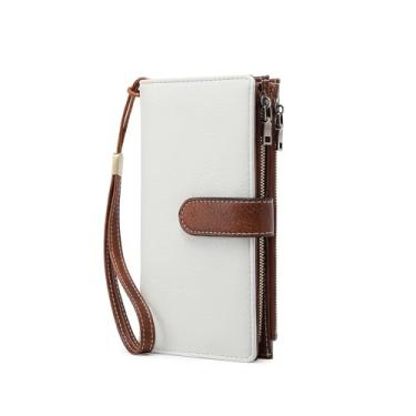 Imagem de Carteira feminina de couro PU com bloqueio de RFID – Bifold fina com 16 compartimentos para cartão e bolso com zíper, bolsa de designer compacta com design de zíper duplo suave, Branco e marrom