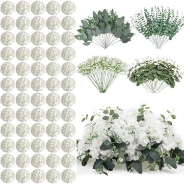 Imagem de Zeyune Pacote com 180 flores artificiais, hortênsia mista, hálito de bebê, flores artificiais, folhas de eucalipto, hastes de vegetação para casa, casamento, centros de mesa, buquês, arranjos florais