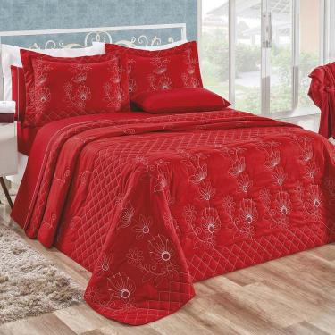 Imagem de Kit Cobre Leito Colcha Atena Queen 5 Peças 100% Algodão 150 Fios Bordado Floral - Vermelho