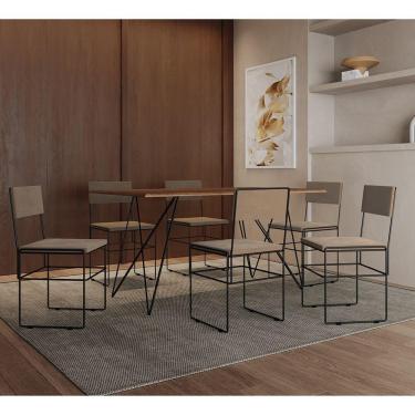 Imagem de Mesa Jantar Retangular Industrial Trama 1,50x0,90m Amêndoa 6 Cadeiras Estofadas Bege E Preto Vitória Marrom