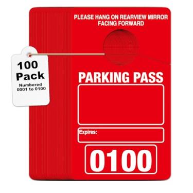 Imagem de Etiquetas numeradas de estacionamento para carros - Pacote com 100 licenças de cartolina vermelha (7 x 12 cm) com furos para espelho - 0001 a 0100