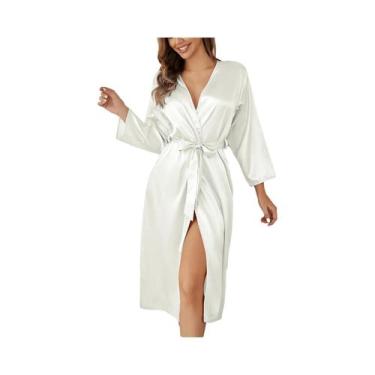 Imagem de Roupão de cetim feminino com cinto elegante cor sólida e sedoso e conf