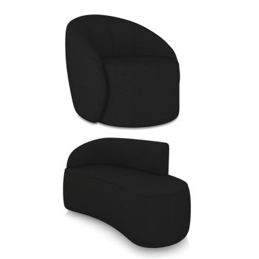 Imagem de Sofá 2 Lugares Orgânico 140cm Morgan e Poltrona Lua Linho Preto D03 - D'Rossi