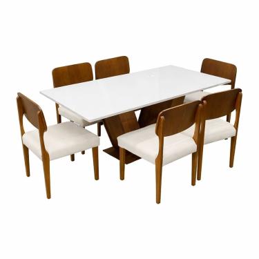 Imagem de Mesa de Jantar Classic 160x80cm com Vidro e 6 Cadeiras Barcelona em Linho Madeira Cel Móveis Cor Cinamomo Off White com Tecido Bege