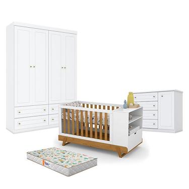 Imagem de Quarto De Bebê Americano 4 Portas Com Berço Multifuncional Bkids Branco Freijó Eco Wood - Matic - Henn E Colchão Gazin