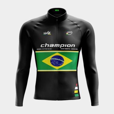 Imagem de Camisa de Ciclismo Masculina com Zíper Camiseta Champion Brasil Manga Longa PRO Bike Preta-Masculino