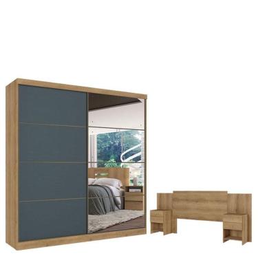 Imagem de Guarda Roupa Casal Malaga Full Glass 2 Portas Capuccino Azul E Cabeceira Formosa Capuccino - Thb
