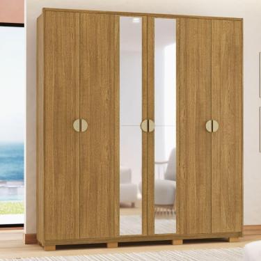 Imagem de Kit Guarda Roupa Casal Bali Nature 6 Portas de Bater 4 Gavetas Espelho Cômoda Sapateira...