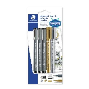 Imagem de Kit Staedtler com 3 Canetas Pigment Liner + 2 Marcadores