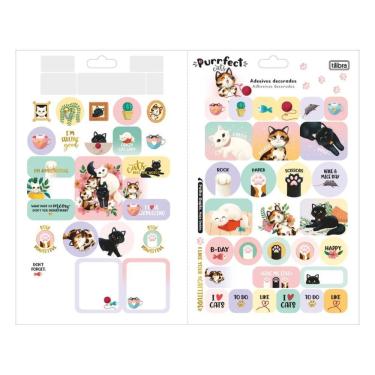 Imagem de Cartela de Adesivos Decorados Tilibra Purrfect Cats com Temas de Gatos Criativos para Cadernos e Planners