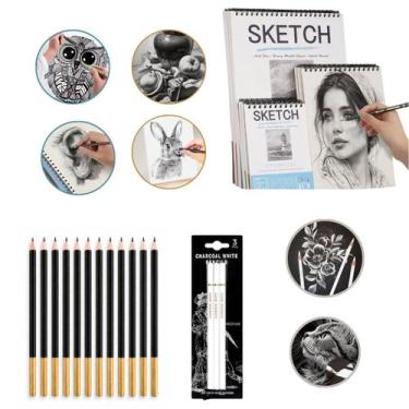 Imagem de Kit Desenho Profissional Completo com Lápis 12 Grafite Caderno Sketchb