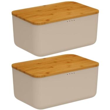 Imagem de Kit 2 Porta Pães com Tampa Migalheira Bambu 33cm Empilhável Ou Cesto para Café da Manhã