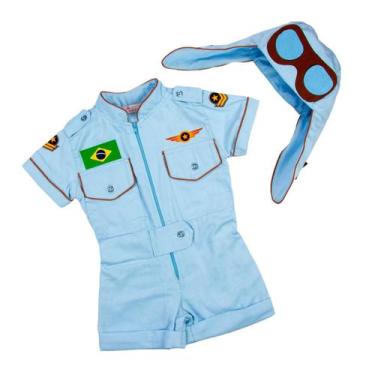 Imagem de Macaquinho Fantasia Piloto De Avião Infantil Azul Roupa Temática Menin