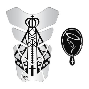 Imagem de Kit Protetor de Tanque Resinado Nossa Senhora com Escudo Decorativo Moto Preto PVC 3D Teu Adesivo