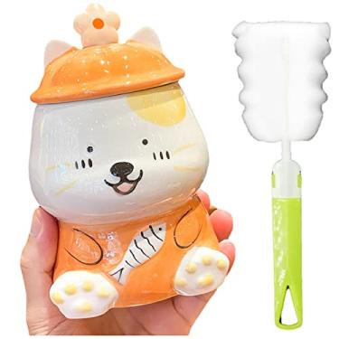 Imagem de Caneca de gato com colher caneca infantil 3D copo de leite para pesca de gato xícara de café de cerâmica para casa (gato pesca laranja, 450 ml)