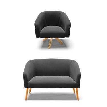 Imagem de Kit 1 Namoradeira E 1 Poltrona Giratória Base Madeira Preto