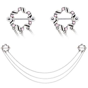 Imagem de Protetores de piercing de mamilo de fita 14GA com pérolas sintéticas rosa