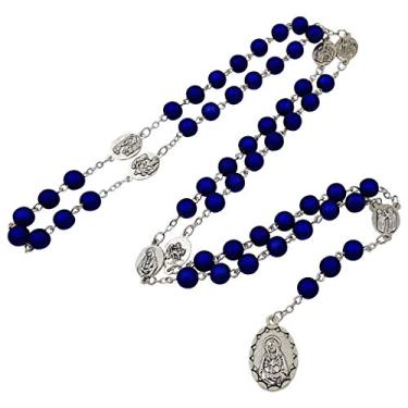 Imagem de TALISMAN4U Colar de joias católicas com contas de acrílico azul profundo Seven Sorrows of Mary Rosary Chaplet com caixa de rosário