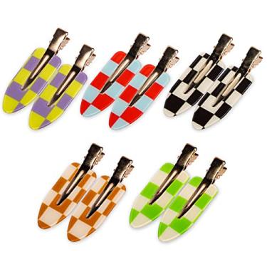 Imagem de Magicsky 10 pçs clipes de cabelo sem curva, clipe de resina acrílica estilo plano, broches sem vinco, bico de patinho sem costura, presilhas para maquiagem, ferramenta de penteado para mulheres meninas - xadrez quadriculado branco preto