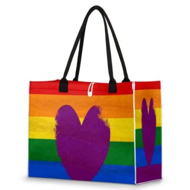 Imagem de Lgbt Love Heart Beach Sacola de praia listrada arco-íris grande sacola reutilizável sacolas de mercearia sacolas personalizadas para mulheres, bolsa de ombro de compras para professor