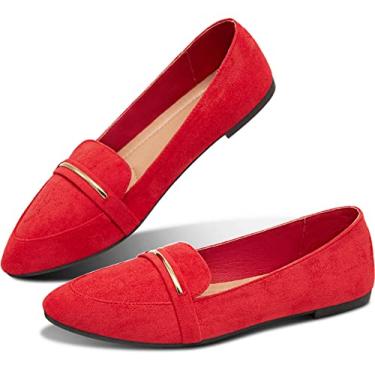 Imagem de Obtaom Mocassim feminino de bico fino, confortável, de camurça sintética, sapatilha de balé, sem cadarço, Vermelho, 38