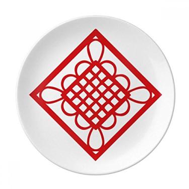 Imagem de Prato de corte de papel com nó chinês vermelho diamante decorativo de porcelana salver talheres, prato de jantar