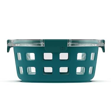 Imagem de Ello 153-0841-039-6 DuraGlass Recipientes de armazenamento de alimentos redondos de vidro - tigelas de preparação de refeições com manga de silicone e tampas herméticas, 7 xícaras, azul-petróleo