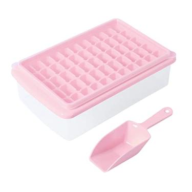 Imagem de CZWL&HG Bandeja de gelo com tampa e cesto | Mini bandeja de gelo de 55 pepitas | Moldes de cubo de gelo flexíveis e seguros vem com recipiente de gelo, colher e tampa (rosa)