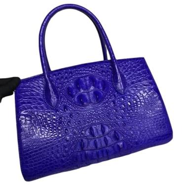 Imagem de Bolsa feminina clássica genuína de crocodilo com alça superior de couro de jacaré OL Lady Bolsa de trabalho feminina, Azul
