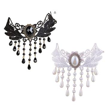Imagem de Jilukibo Pacote com 2 colares de gota preta e branca elegante vintage de renda gótica estilo princesa vitoriana com pingente de gargantilha com pingente de pescoço de vampiro, Resina, Sem Pedra