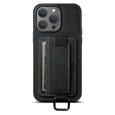Imagem de Capa de telefone de cartão de couro de luxo para iphone 13 12 14 15 pro max 15plus 11 xs xr x anel de pulso capa carteira, preto, para iphone 11