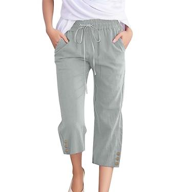 Imagem de Lainuyoah Calça de linho cropped feminina Petite cordão cintura elástica perna larga calças cortadas 3/4 calças com bolsos, E-mint Green, P