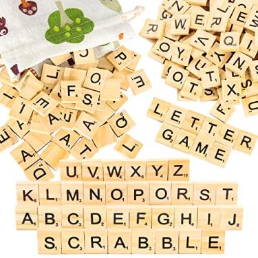 Imagem de PINOWU 200 peças de azulejos de letras de madeira para palavras cruzadas Scrabble jogo de madeira letras de reposição para artesanato DIY para decoração de presente scrapbook e porta-copos de alfabeto