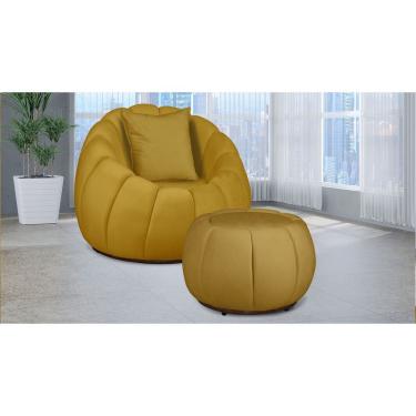 Imagem de Kit Poltrona Decorativa C/ Puff + Almofada Concha Veludo Mostarda - Londrilar