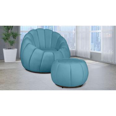 Imagem de Kit Poltrona Decorativa C/ Puff Concha Veludo Azul Turquesa - Londrilar