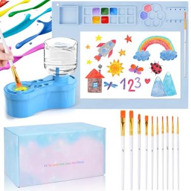 Imagem de Estação de pintura, limpador de pincel e tapete de pintura de silicone 50,8 x 40,6 cm, tapete de arte de silicone com 10 pincéis, enxágue de pincel, conjunto de materiais de pintura de arte (azul)