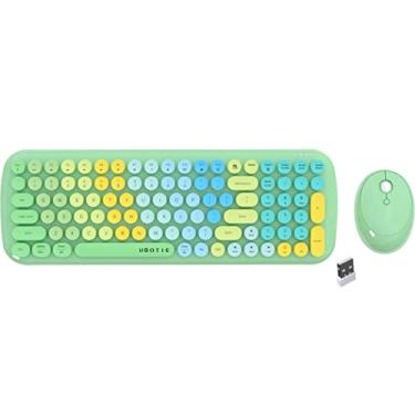 Imagem de UBOTIE Teclados e Combinações de Mouse Sem Fio, Teclado Flexível de Máquina de Escrever Retrô Colorido Gradiente Arco-Íris, Conexão de 2,4 Ghz e Mouse Óptico