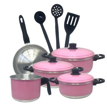 Imagem de Conjunto de Panelas 8 Peças Alumínio Esmaltado Rosa | Com Utensílios de Cozinha, Caçarolas com Tampa, Frigideira e Leiteira
