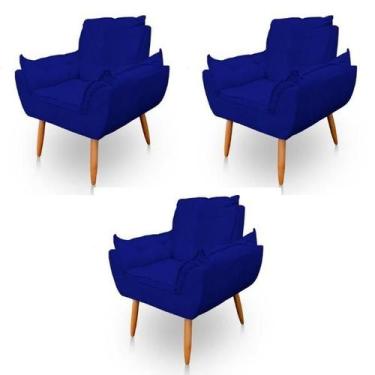 Imagem de Kit 3 Poltronas Decorativa Opala Sala de Estar Tecido Suede Azul Marin