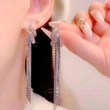 Imagem de Brinco Festa Feminino Franja Strass Delicado Longo Pedra - anjo da mam