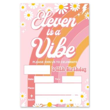 Imagem de brayqu Convites de aniversário de 11 anos Eleven Is a Vibe Birthday Convites Retro Rainbow Daisy 11th Birthday Party Convites Fill-in (20 convites com envelopes)