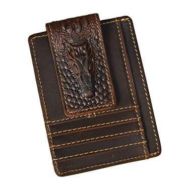 Imagem de Le'aokuu Carteira fina de couro genuíno com clipe para dinheiro e clipe para cartão de crédito, Dark Brown Crocodile Embossed Rfid, Medium