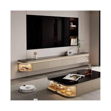 Imagem de Armário de TV Suporte de TV flutuante com luz LED, unidade de TV flutuante de mesa de vidro Armário de TV moderno e minimalista montado na parede de madeira com porta e gavetas rebatíveis Armário de m