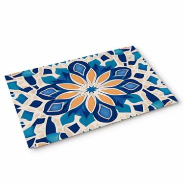 Imagem de Capacho abstrato azul amarelo flores bem-vindas, estilo marroco, tapetes florais para entrada de casa, cozinha, tapete de entrada, alpendre, exterior, 45,7 x 76,2 cm