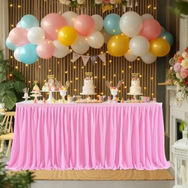 Imagem de Little Funny Saias de mesa de poliéster rosa para casamento, chá de panela, chá de bebê, revelação de gênero, festa, decorações de mesa plissadas para mesas retangulares, 2,7 m