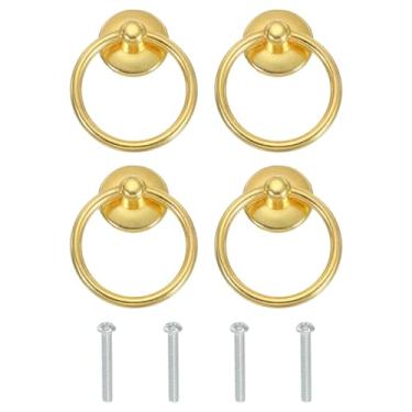 Imagem de PATIKIL Puxador de anel de furo único 2,13 x 1,73, 4 peças de alças de gaveta com parafusos para armário caixa de madeira guarda-roupa armário cômoda móveis ferragens, tom dourado