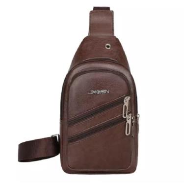 Imagem de Mochila Transversal em Couro Sintético, Marrom, café e preta, com Compartimentos Múltiplos para Fones de Ouvido. Bolsa masculina casual. (Café, único)