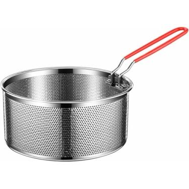 Imagem de Cesta de fritura redonda de aço inoxidável com alça removível e coador de fritura resistente à temperatura para fritar, ferver, escorrer e enxaguar, fritar cesta
